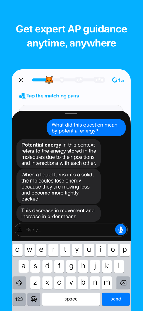 Medly - Ace AP - Interface do aplicativo móvel Medly mostrando um tutor de IA fornecendo orientação instantânea sobre o dever de casa de física AP