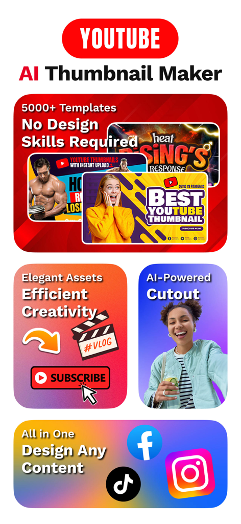 ソーシャルメディアテンプレートと背景除去ツールを備えたAIサムネイルメーカーアプリのインターフェース