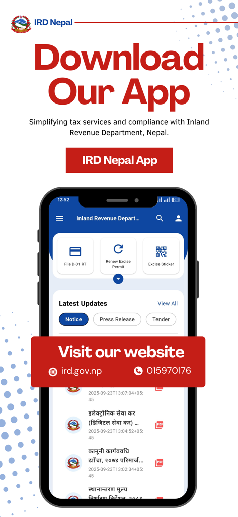 Smartphone displaying the IRD Nepal tax services app interface