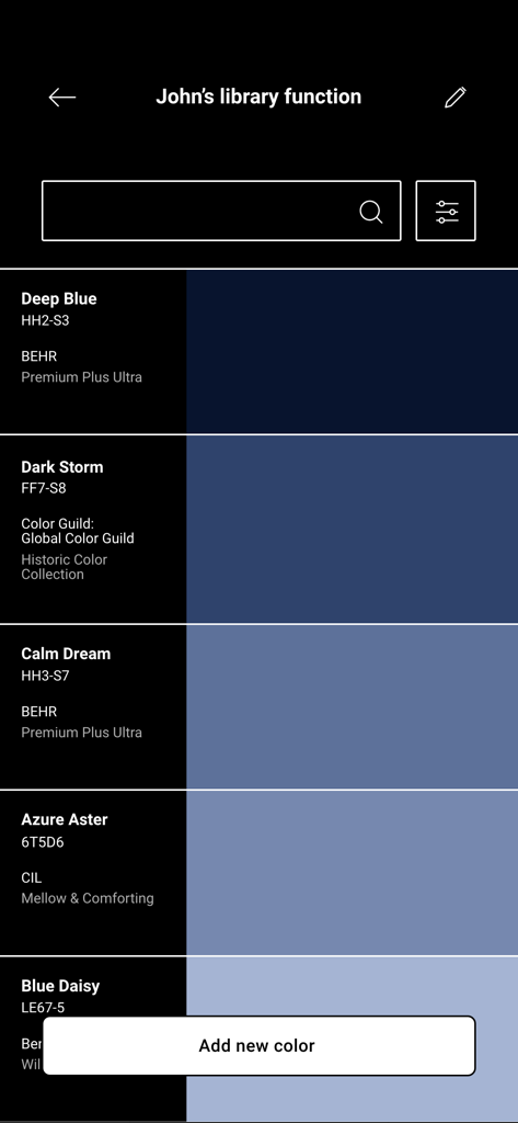Nix Toolkit - Eine digitale Farbbibliothek in der Nix Toolkit App mit verschiedenen Blautönen und Markeninformationen.