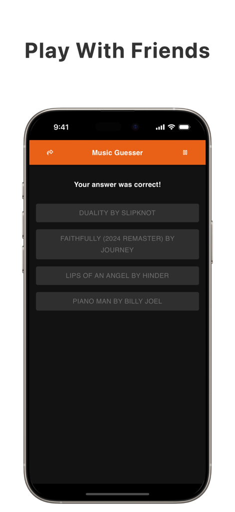 Music Guesser: Guess The Song - Music Guesser app on an iPhone showing a correct answer screen for a song trivia challenge with multiple choice options.