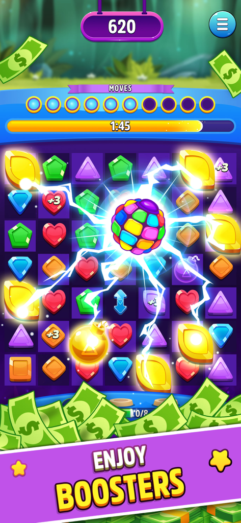 Match 3 Win Cash: Real Money - Pantalla de juego de un puzle match-3 que muestra un potenciador de bola de discoteca y recompensas en efectivo.