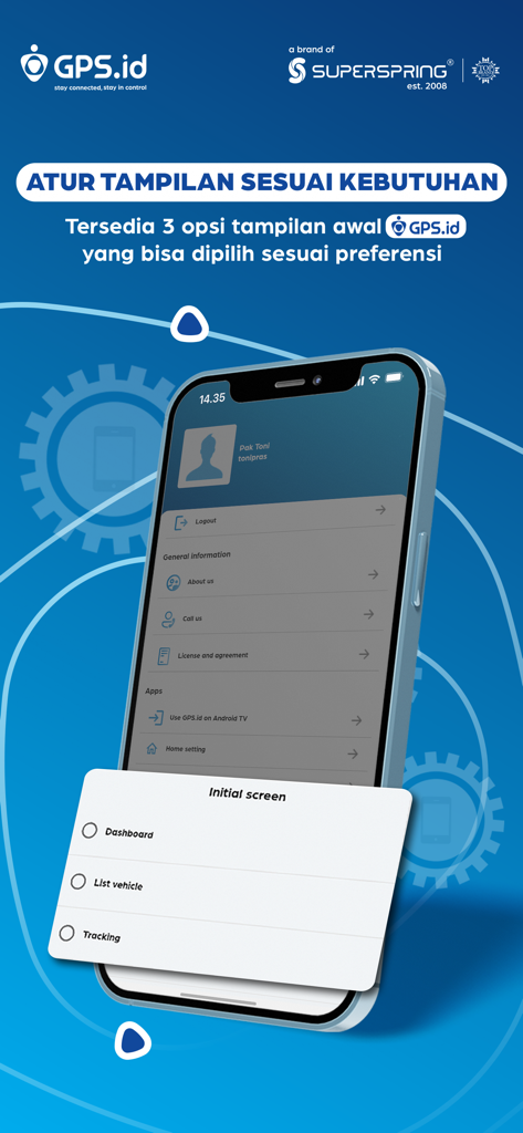 GPS.id by Super Spring - Smartphone screen displaying initial display options for the GPS.id vehicle tracking app including dashboard vehicle list and tracking views