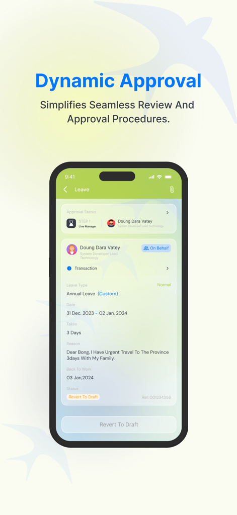 Wing Digital - Wing Digital mobile app interface for employee leave requests and dynamic approval workflows