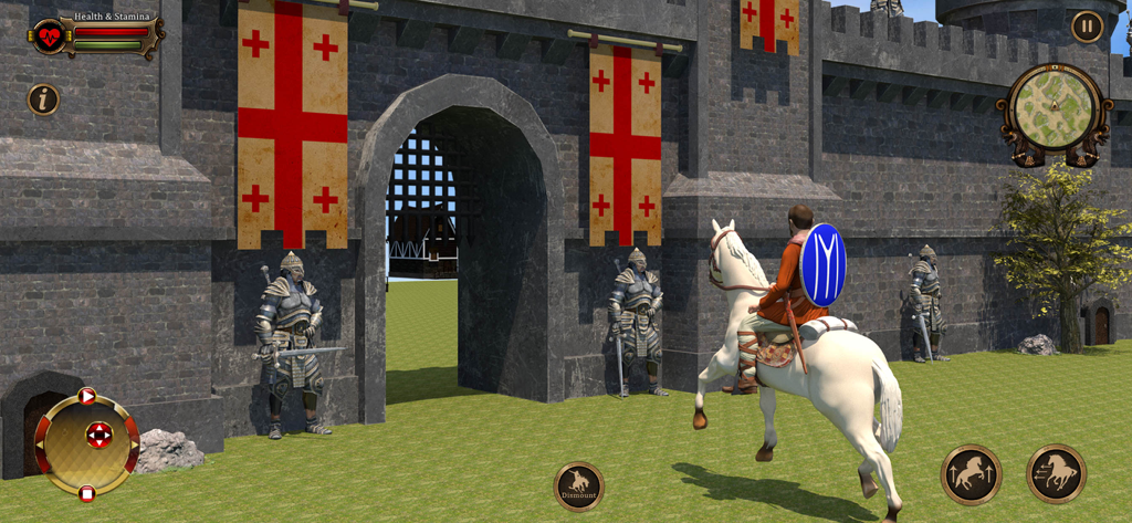 Warrior of Epic Ancient Battle - Ertugrul Ghazi en un caballo blanco frente a la puerta de un castillo de piedra medieval con guardias