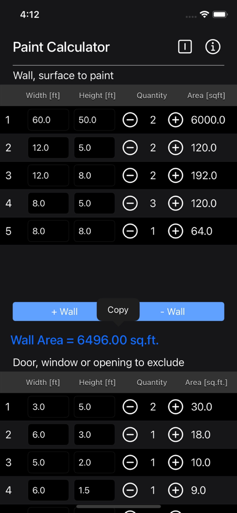 Mobile app interface showing wall dimensions input and total square footage calculation for painting projects