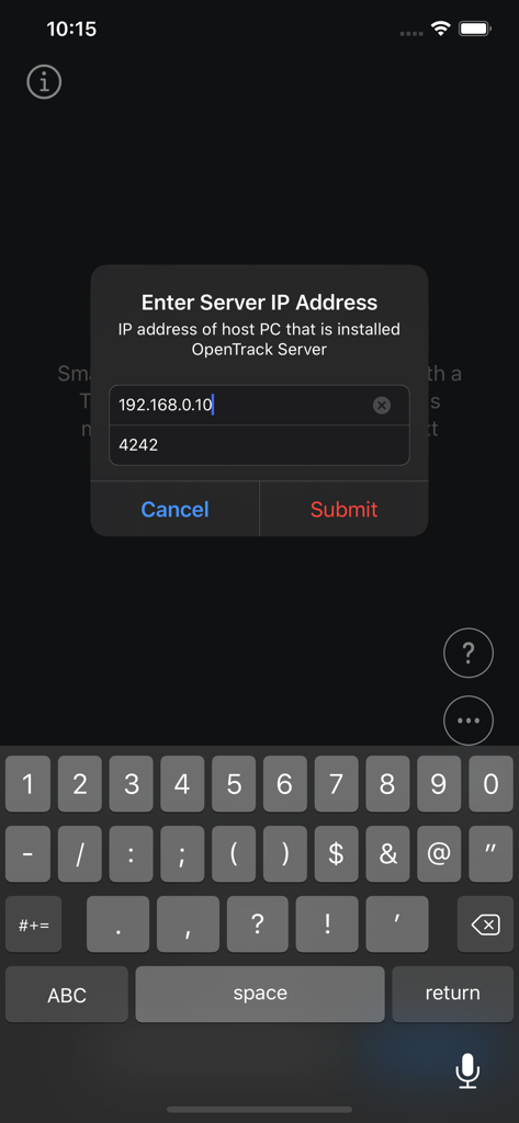 Smart Head Track for OpenTrack - Smart Head Track App-Bildschirm zur Eingabe der IP-Adresse und des Portnummer des PC-Servers