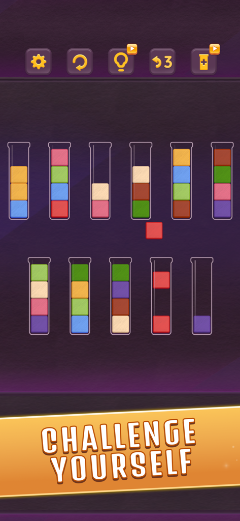 Block King Puzzle - Block King Puzzle gameplay showing colored blocks being sorted into glass tubes.
