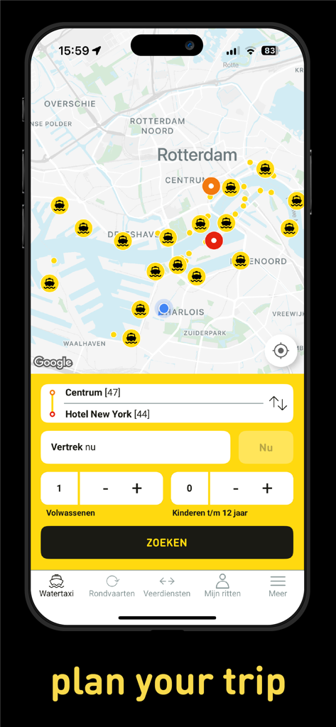 A mobile screen of the Watertaxi Rotterdam app displaying a map with taxi stops and a booking form to plan a journey.
