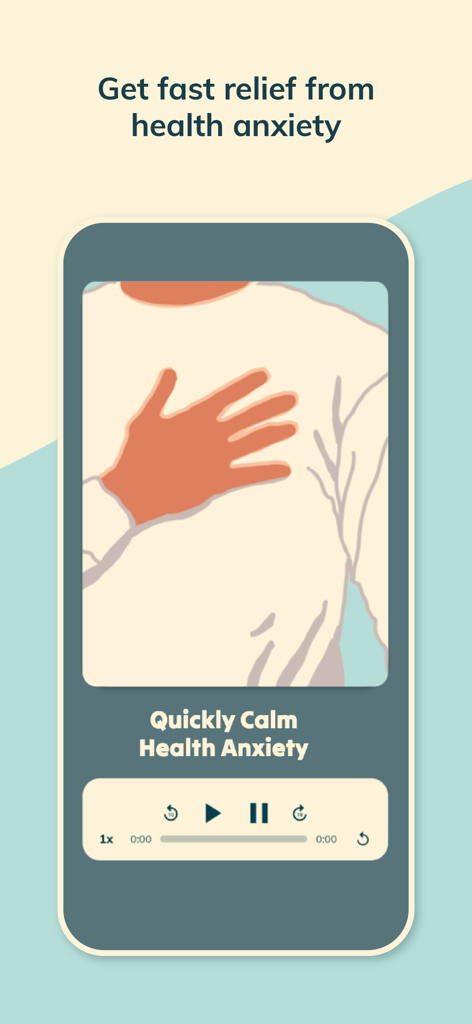 Heartful for Blood Pressure - Heartful app screen showing a guided audio exercise to quickly calm health anxiety with an illustration of a hand on a chest