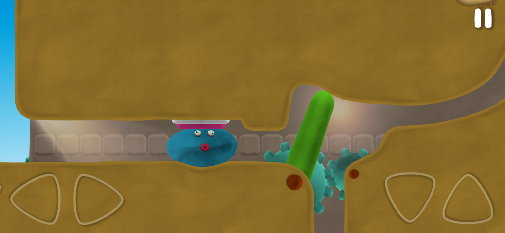 Eugene's Life - A blue squishy clay character squeezing between brown platforms in Eugene's Life game