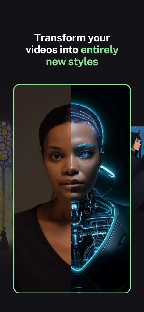 Una pantalla dividida que muestra el rostro de una mujer transformándose de un video real a un estilo cyborg futurista usando Kaiber AI.