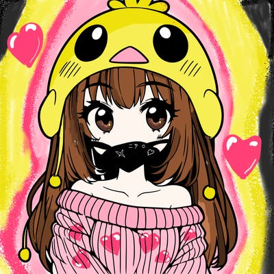 anime girl with chick shaped hat with sweater with bare shoulders with bangs covering them one eye with low tail