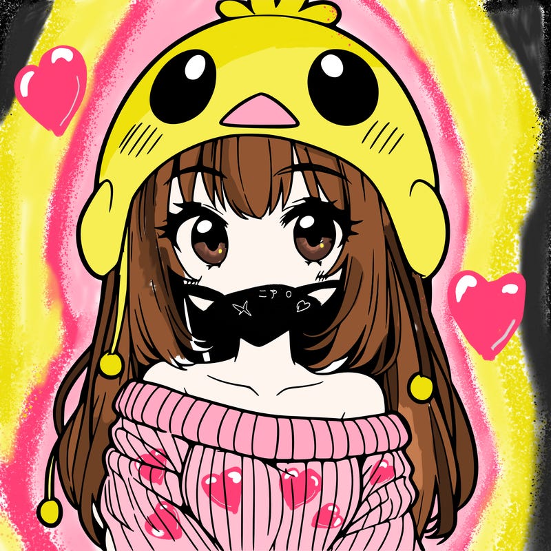 anime girl with chick shaped hat with sweater with bare shoulders with bangs covering them one eye with low tail