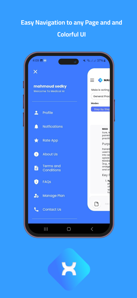 MAIA - Medical AI Assistant - Menu da barra lateral de navegação do aplicativo MAIA com links para notificações do perfil do usuário e configurações