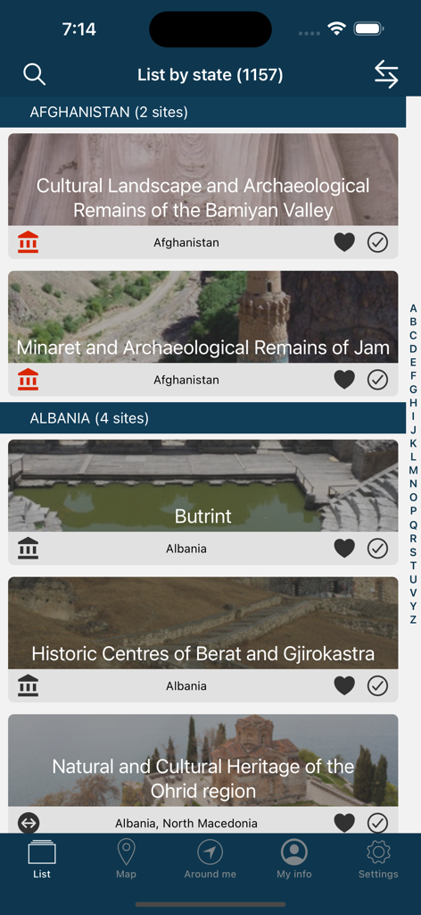 World Heritage - UNESCO List - UNESCO World Heritage app showing a list of protected sites in Afghanistan and Albania