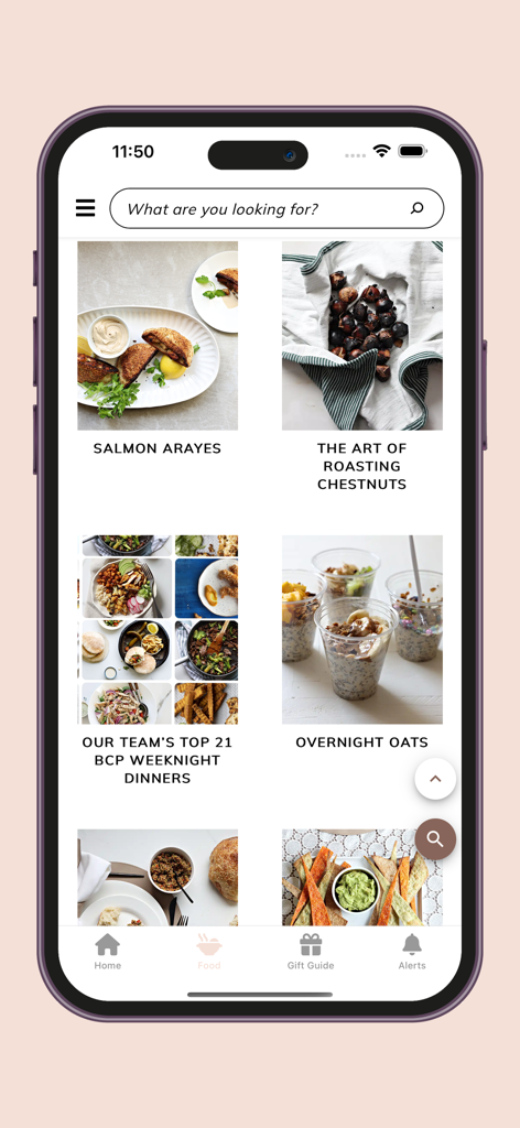 Between Carpools - Between Carpools app food section displaying various kosher recipes and lifestyle articles.