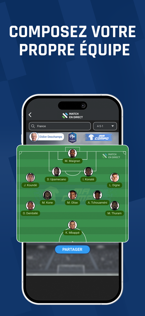 A mobile app interface showing a soccer team lineup builder for the French national team
