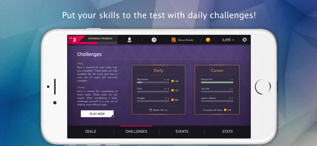 미시시피 스터드 프리미엄 모바일 앱, 일일 및 커리어 포커 챌린지 표시