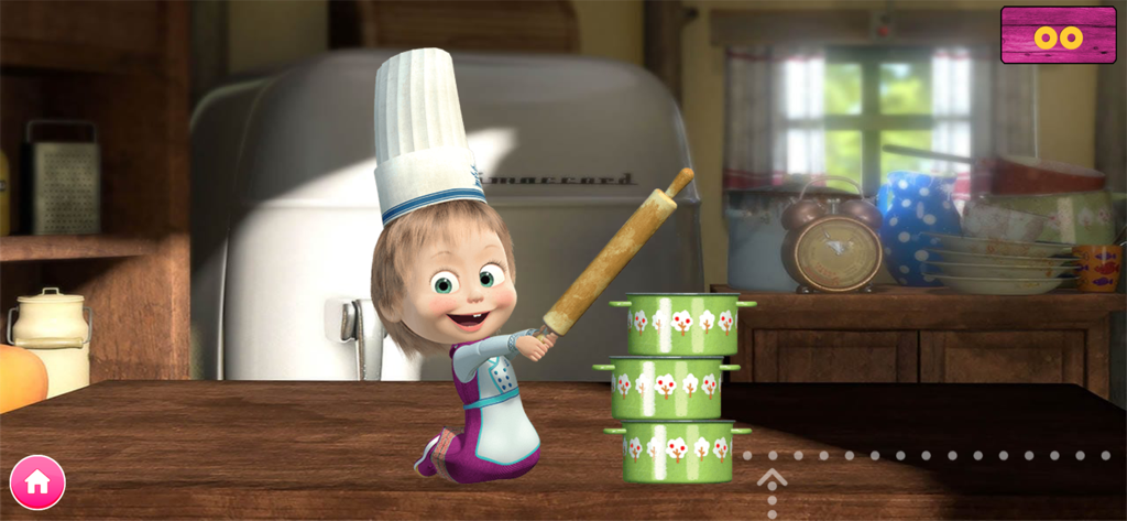 Masha and the Bear. Activities - Masha wearing a chef hat and holding a rolling pin next to stacked cooking pots
