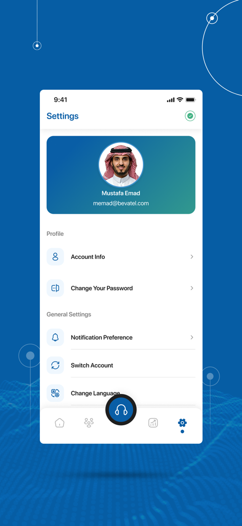 Bevatel Call Center - The settings screen of the Bevatel Call Center app showing the user profile and account management options