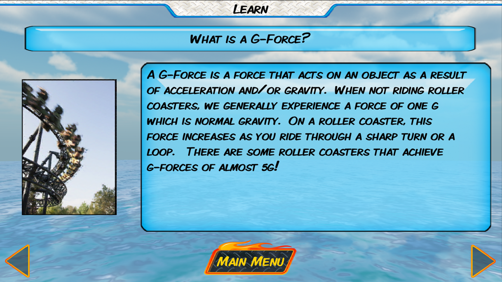 Off the Rails® - Uno schermo educativo dall'app Off the Rails che spiega il concetto di forza G con testo e un'immagine di una montagna russa.