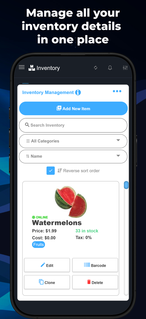 M&M POS - Payments For Stripe - Smartphone screen displaying the inventory management feature of M&M POS with product details for watermelons including stock and price