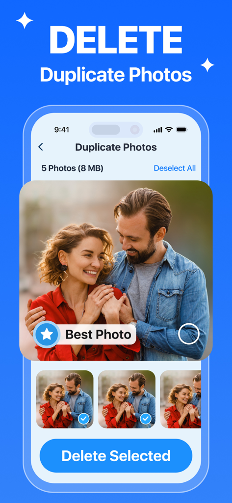 Interfaz que muestra la detección y eliminación de fotos duplicadas en la aplicación Phone Cleaner.