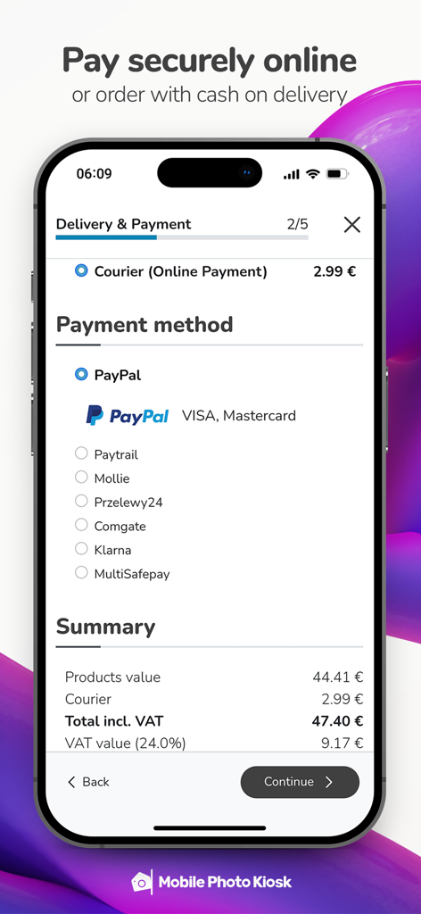 A smartphone showing the payment and delivery selection screen of the Mobile Photo Kiosk app with options for PayPal and other secure payment methods.