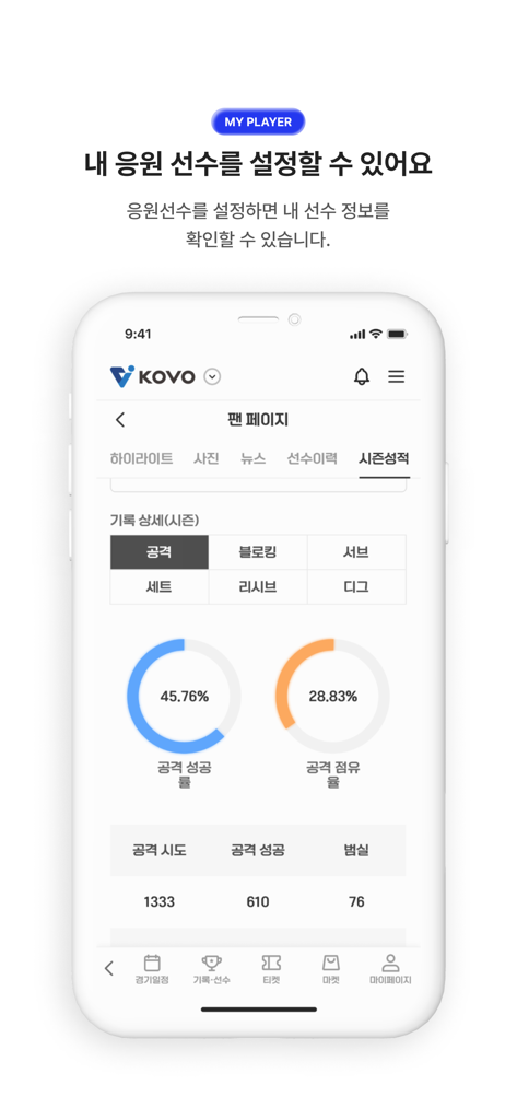 Ein mobiler Bildschirm aus der KOVO App, der Volleyball-Angriffsstatistiken von Spielern und eine Funktion zur Verfolgung von Lieblingsspielern anzeigt.