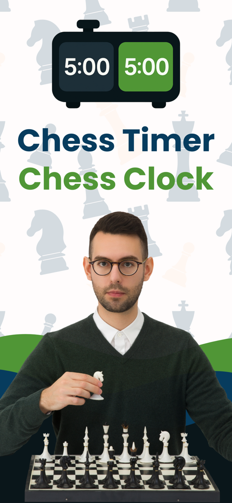 Chess Timer - Chess Clock - A man playing chess with the Chess Timer and Chess Clock app title and icon displayed above him