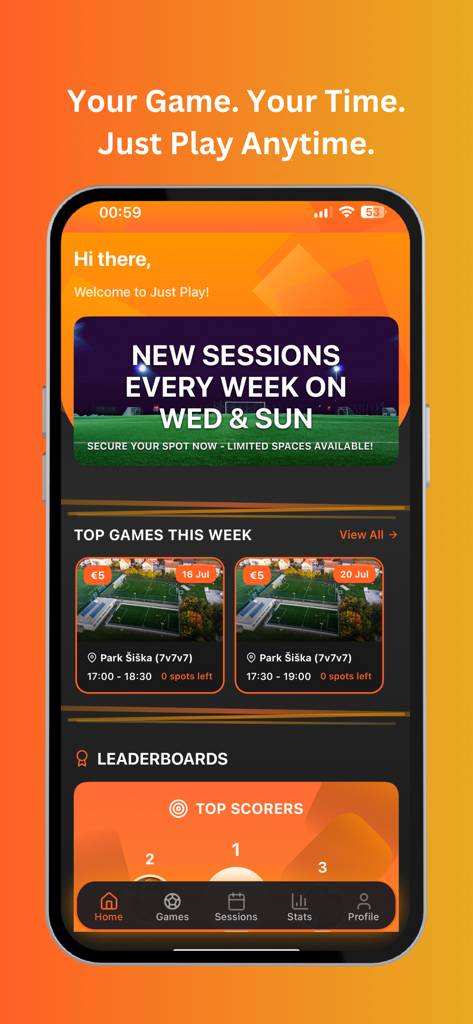 Just Play: Football - Pantalla de inicio de la aplicación Just Play Football mostrando las próximas sesiones de juego y la clasificación de los máximos goleadores