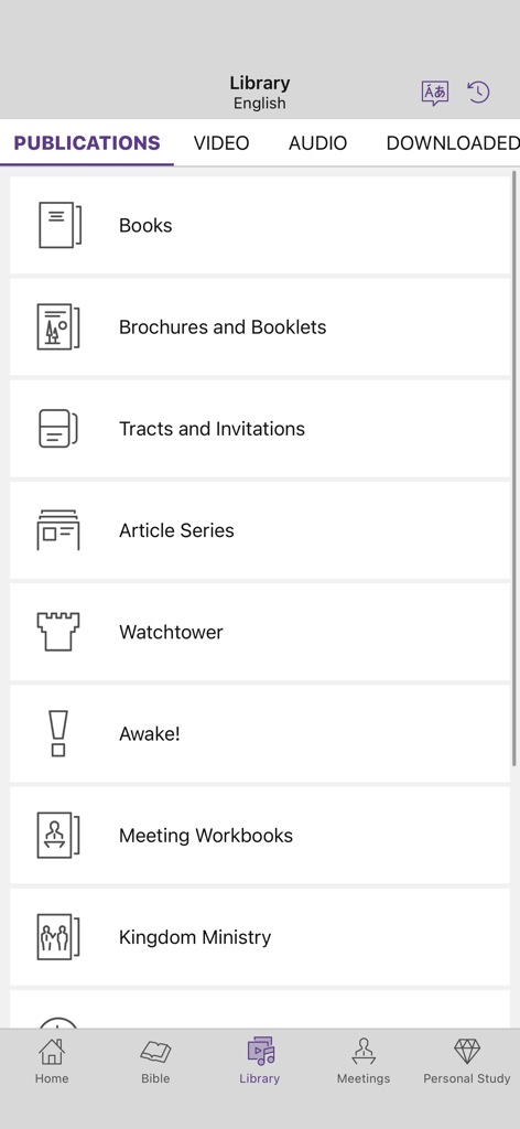 A menu list in the JW Library app showing various publication categories like Books, Brochures, and Article Series.