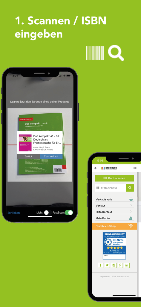 Studibuch. Dein Fachbuchankauf - Studibuch app interface showing the barcode scanner and main menu for selling textbooks.