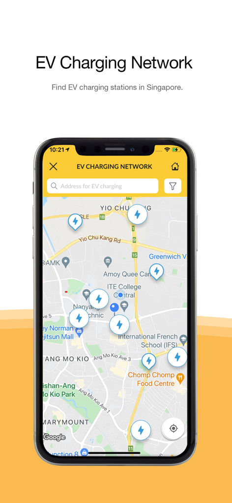 Map view showing EV charging station locations in the MyTransport.SG app.