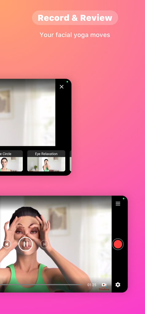 Uma mulher usando o recurso de vídeo selfie para gravar e revisar exercícios de ioga facial em um aplicativo móvel.