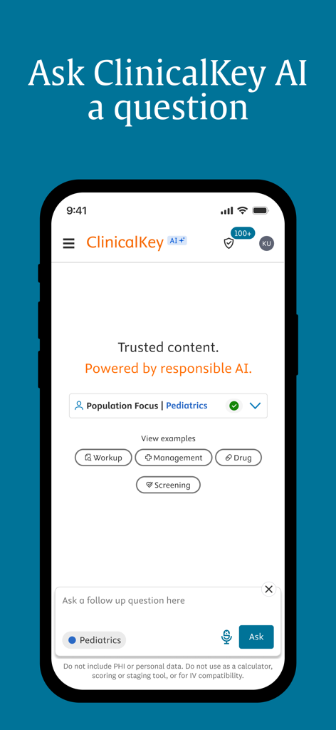 ClinicalKey AI mobile app interface for asking medical questions