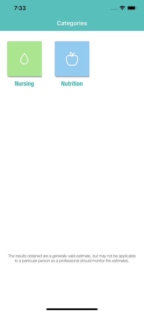 Medical Calculator App - Interfaz de la App de Calculadora Médica que muestra categorías de enfermería y nutrición