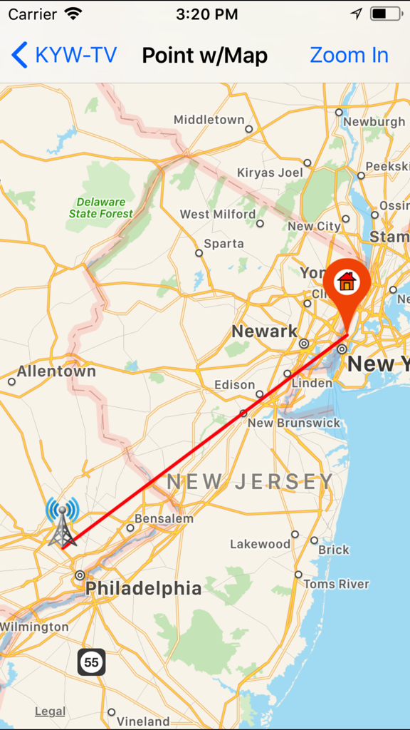 Map view in OTAMap showing the transmission tower location and bearing for KYW-TV station