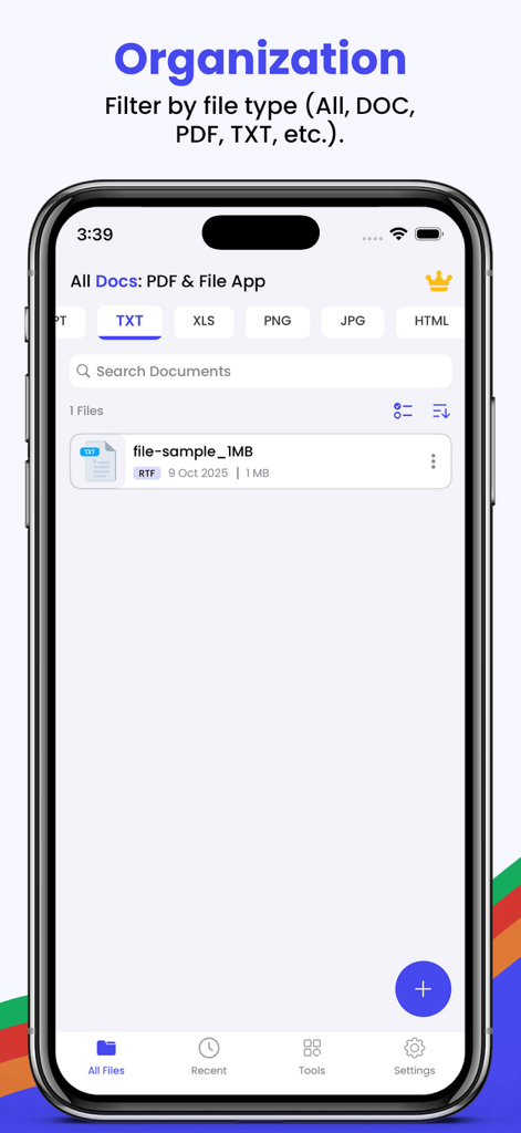 All Docs: PDF & File App - All Docs app interface showing document organization and filtering by file type on an iPhone