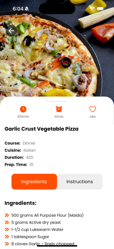 Cook Book - Recipe Keeper - A detailed recipe page for Garlic Crust Vegetable Pizza showing the ingredient list and preparation time within the Cook Book app.