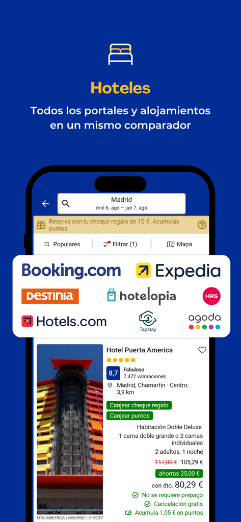 Pantalla móvil de la app CHECK24 España mostrando resultados de búsqueda de hoteles y logotipos de varios socios de reserva como Booking y Expedia