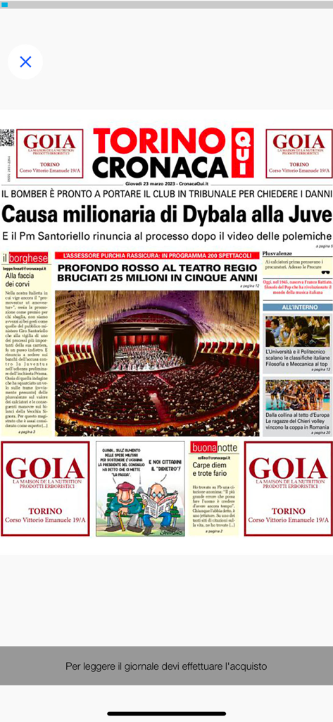 Torino Cronaca Qui - Prima pagina digitale del giornale Torino Cronaca Qui con titoli di notizie locali di Torino e una foto di un teatro