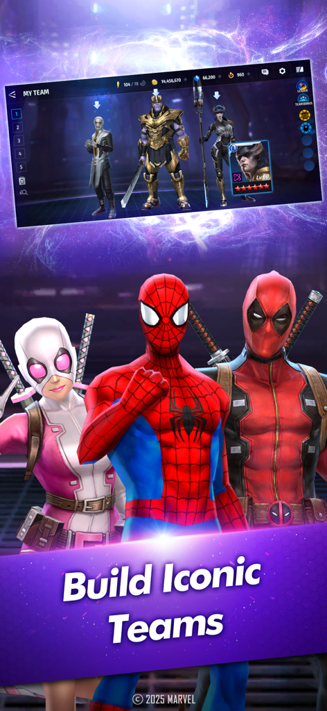 Marvel Future Fight Spielbildschirm mit Spider-Man Deadpool und Gwenpool mit dem Text Baue ikonische Teams