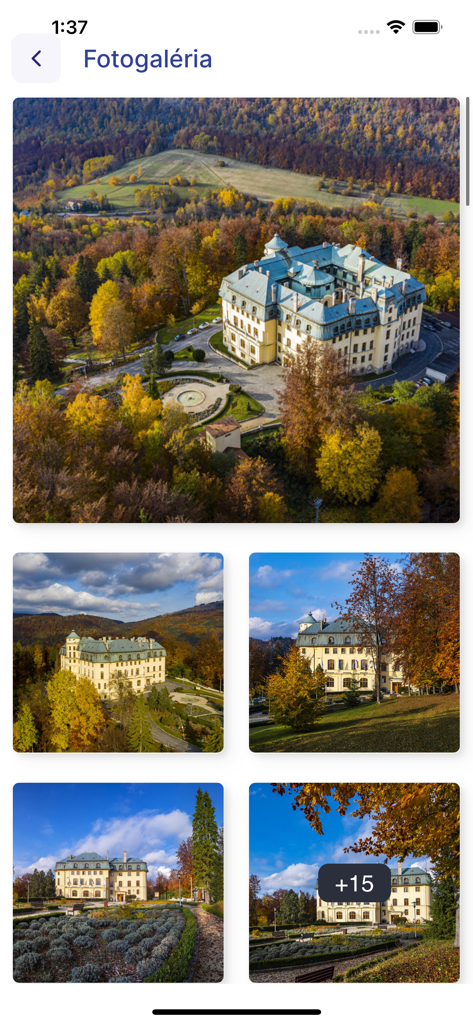 Photo gallery showing the OLUP Predna Hora facility building in a scenic autumn landscape.