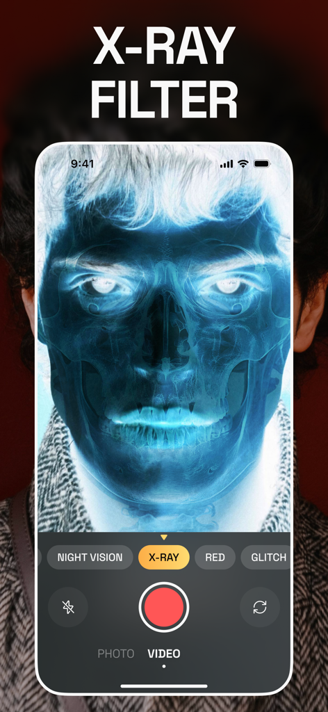 Thermal Camera - Night Vision. - Efecto de filtro de rayos X en el rostro de una persona en la interfaz de una aplicación de cámara móvil