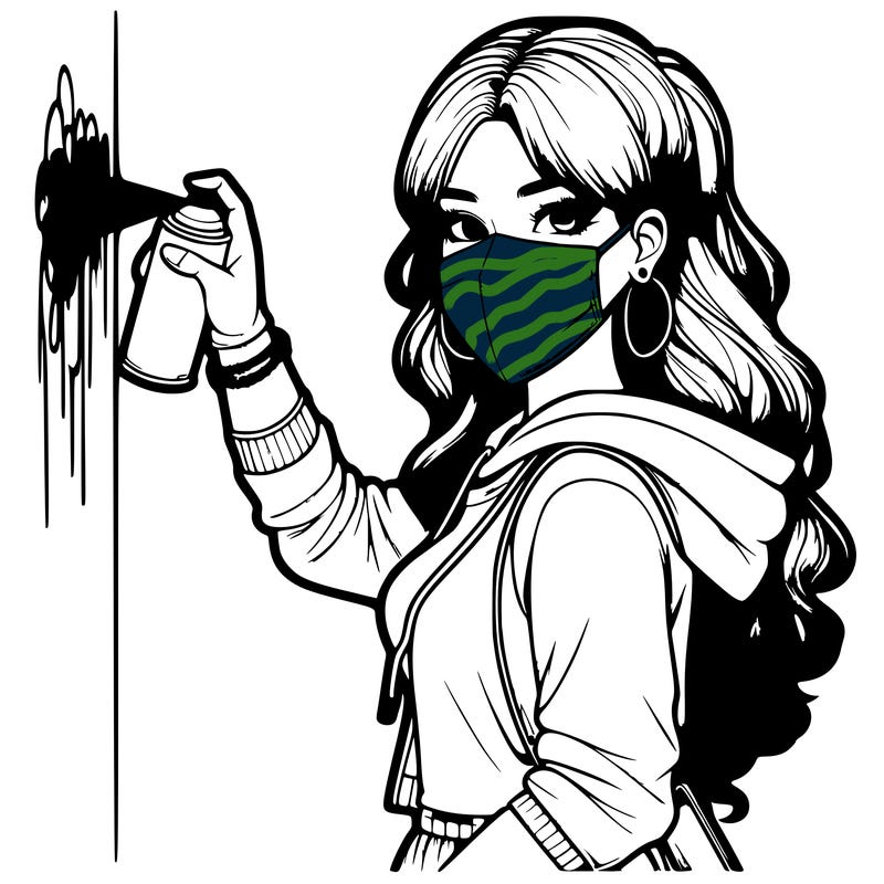 realistic girl with mask spray painting a wall