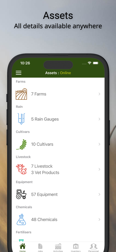 FarmSimple - A mobile screen from the FarmSimple app showing a list of farm assets including counts for farms rain gauges livestock and equipment