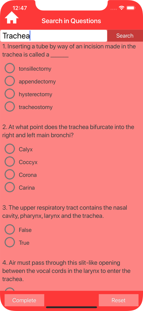 Respiratory System Trivia - Ein Suchbildschirm in der Respiratory System Trivia App, der Multiple-Choice-Fragen zur Luftröhre zeigt