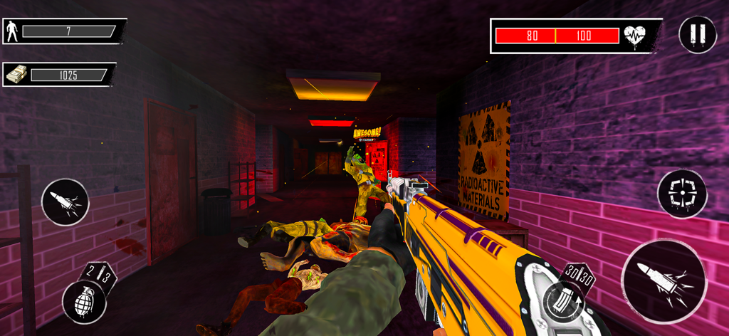 Zombie Graveyard Gun Shooting - First person shooter gameplay showing a player aiming a rifle at zombies in a dark corridor.